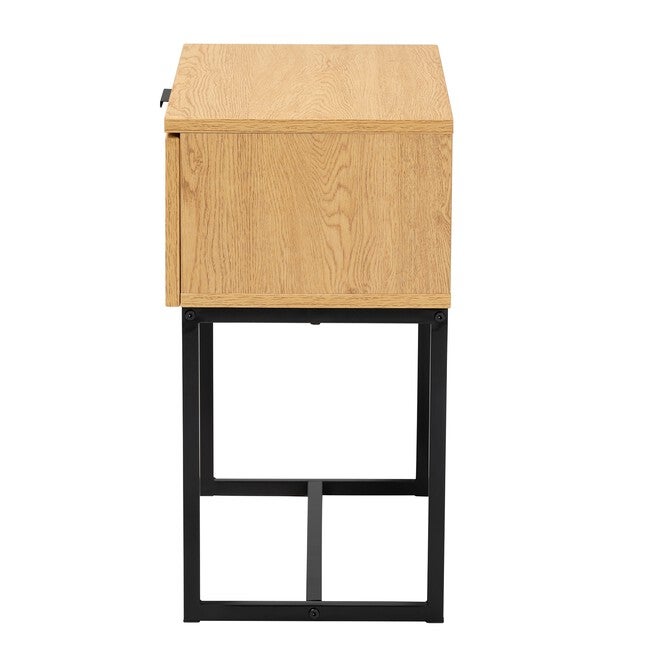 Sawyer Mid-Century Modern Industrial Oak Brown Finished Wood And Black Metal 1-Drawer End Table With Natural Rattan, , alternate image number null