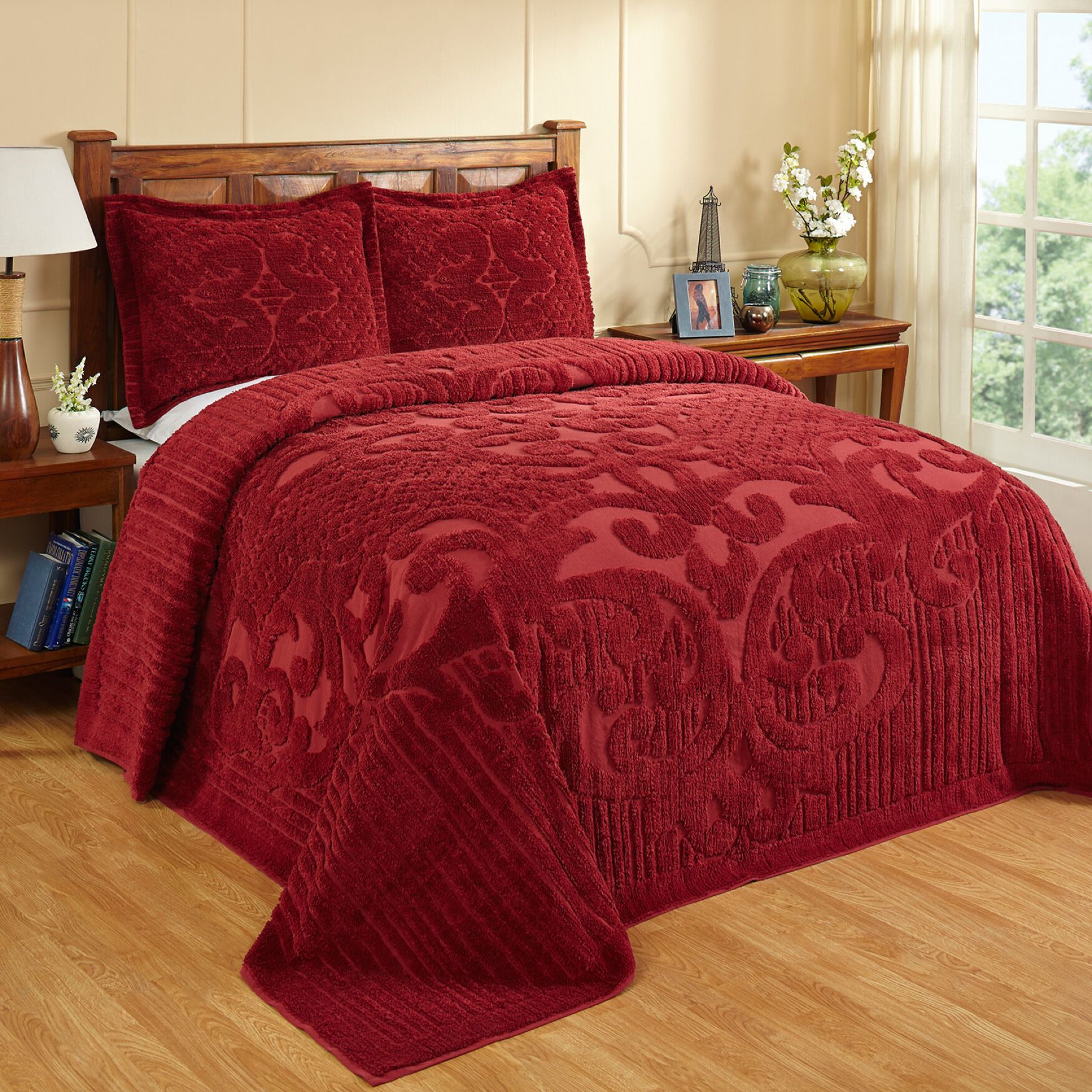 Ashton Collection 100% Cotton Medallion Bedspread Set, BURGUNDY, hi-res image number 0