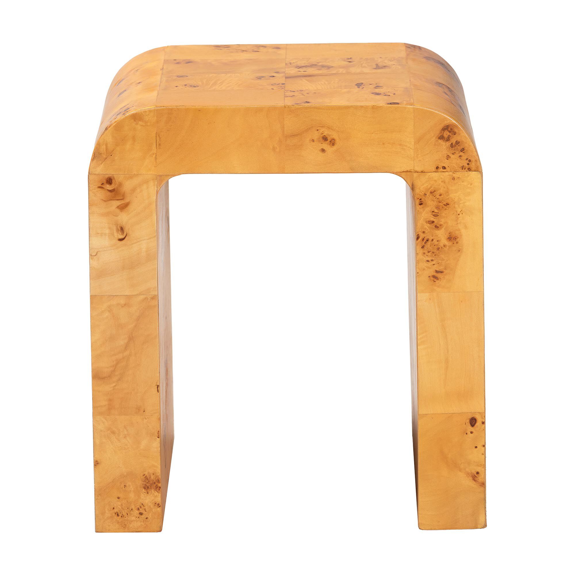 Front-on view of the burl wood end table displaying the top and inner curved opening.