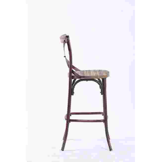 Bar chair side view with dark red frame and wooden seat