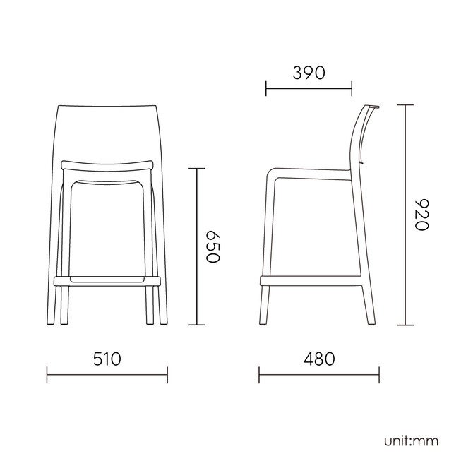 Counter stool dimensions diagram in mm