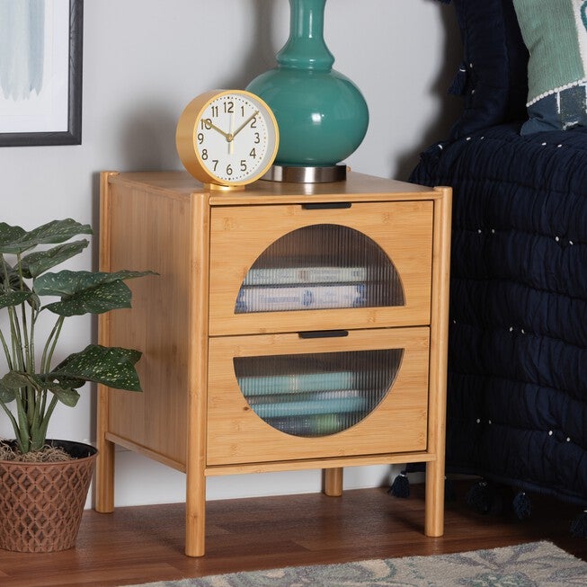 Naresh Mid-Century Modern Transitional Natural Brown Bamboo Wood 2-Drawer End Table, , alternate image number null
