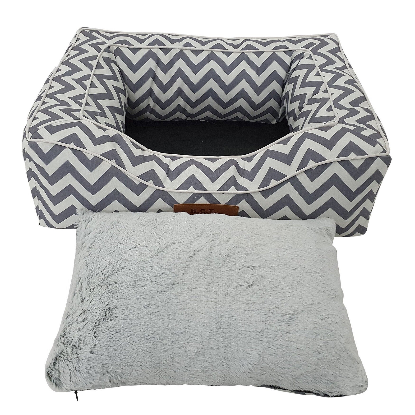 Chevron poly-cotton bolster with detachable faux fur cushion Medium Size, , alternate image number 2