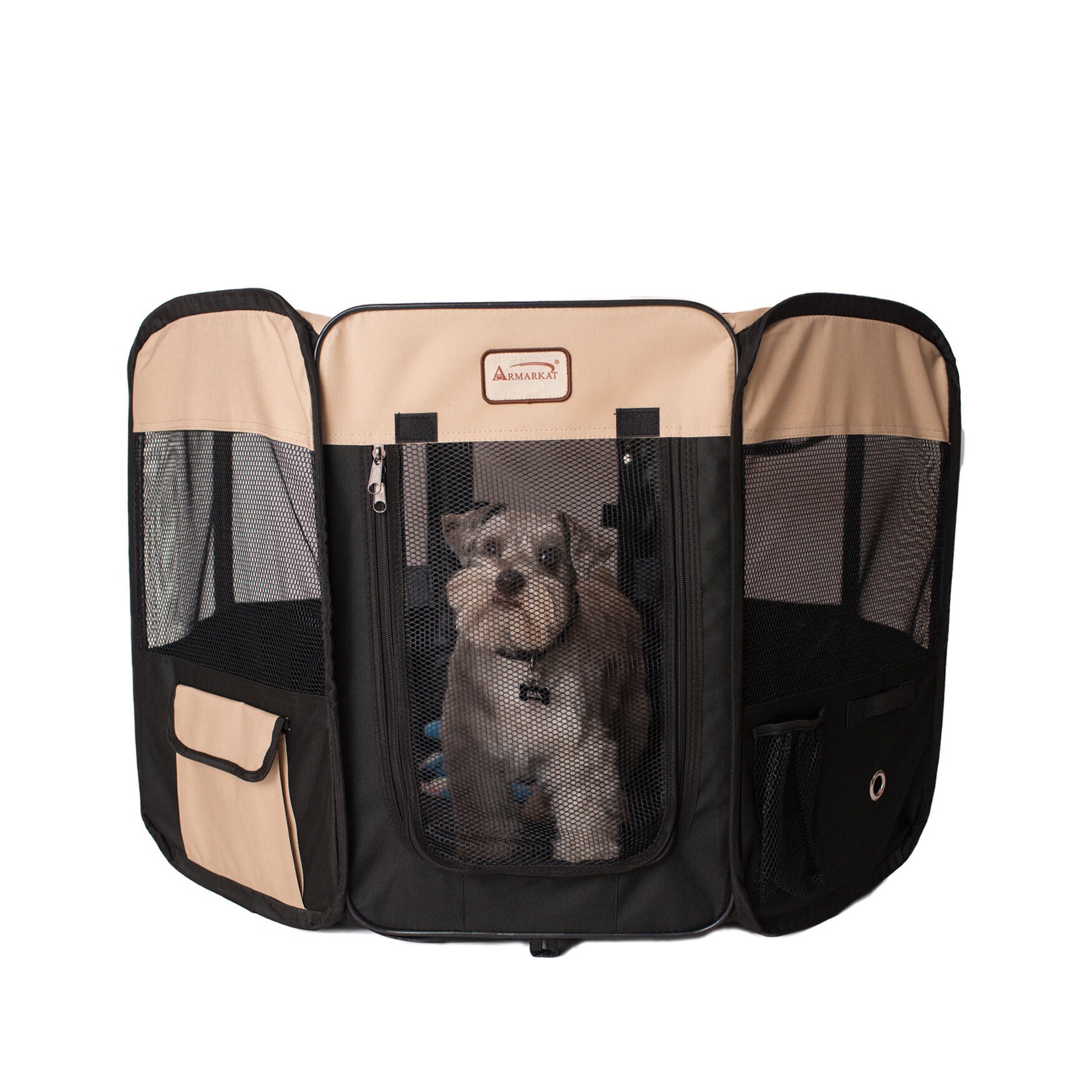 Portable Pet Dog Kitten Playpen In Black And Beige Combo, , on-hover image number 1