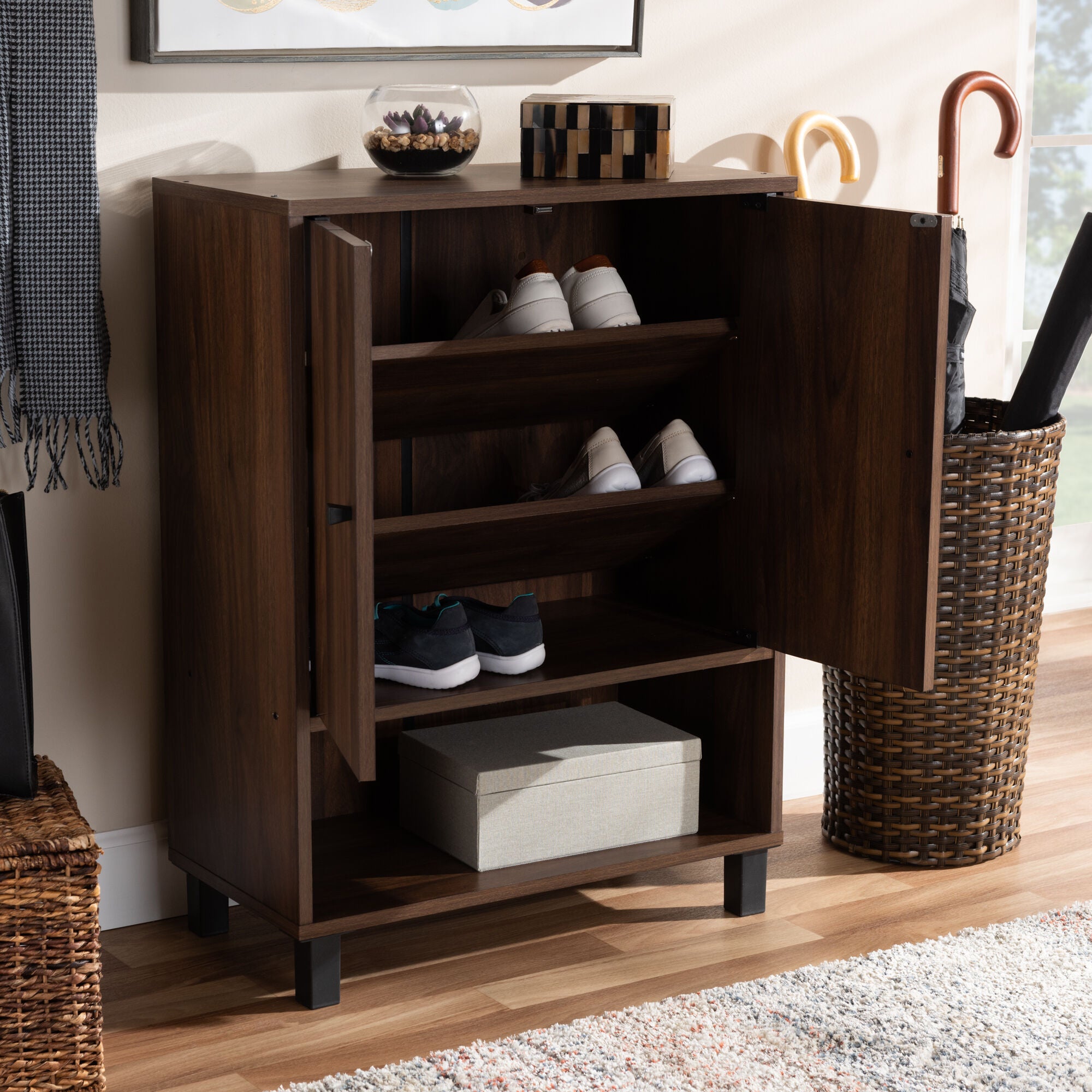 Rossin Modern and Contemporary Walnut Brown Finished 2-Door Wood Entryway Shoe Storage Cabinet, WALNUT, hi-res image number 0