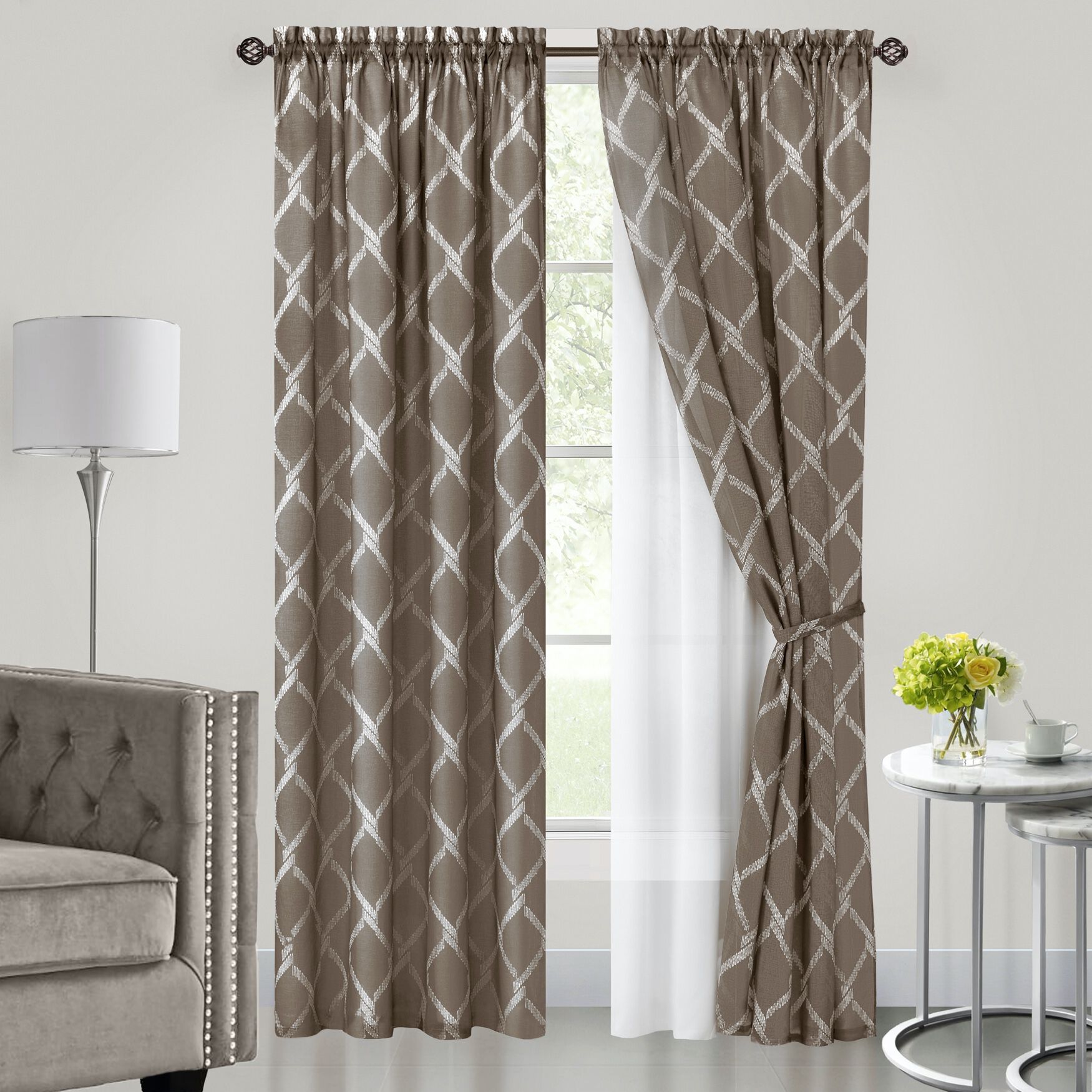 Bombay Double Layered Rod Pocket Window Curtain Panel, BROWN, hi-res image number 0