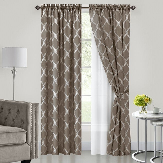 Bombay Double Layered Rod Pocket Window Curtain Panel, BROWN, hi-res image number 0