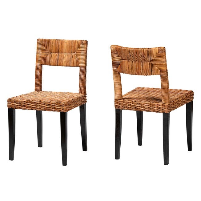 Manrico Modern Bohemian Dark Brown Finished Wood And Natural Rattan 2-Piece Dining Chair Set, DARK BROWN, hi-res image number null