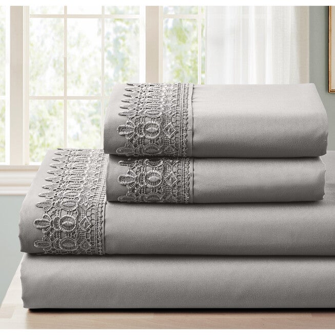 4-pc Lace Trim Sheet Set, GREY, hi-res image number null