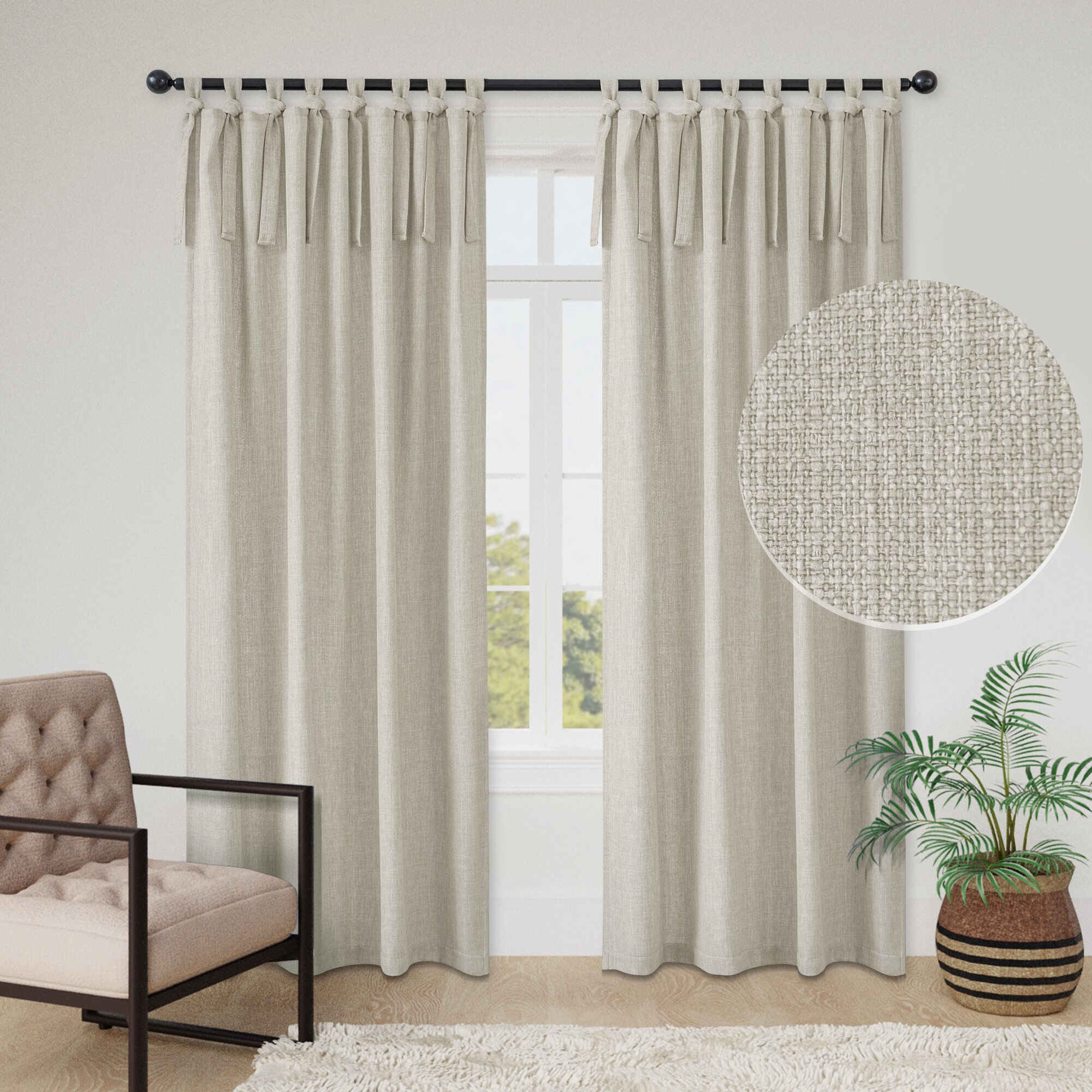 Knot Tie Top Light Filtering Panel Pair, NATURAL, hi-res image number 0