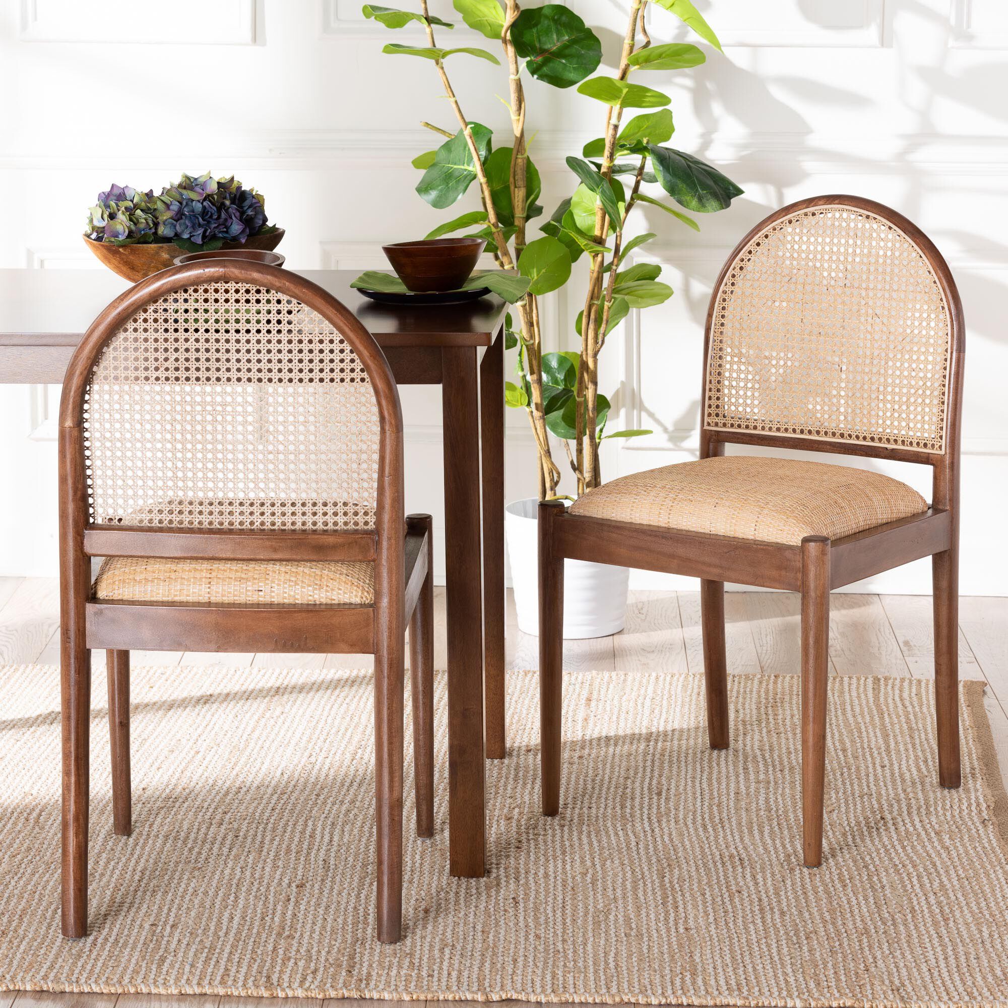 Maryland Modern Bohemian Natural Rattan and Acacia Wood 2-Piece Dining Chair Set, BROWN, hi-res image number 0