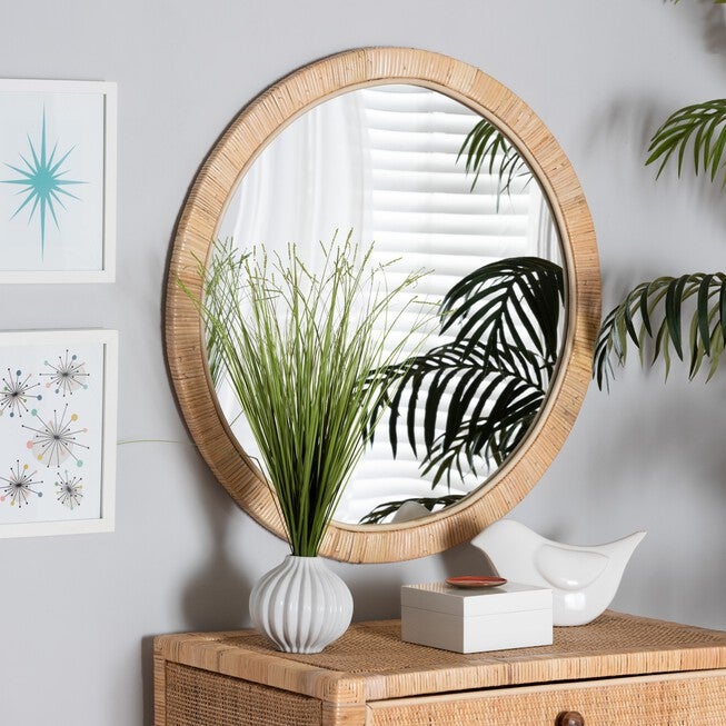 Bella Modern Bohemian Natural Brown Mahogany Wood and Natural Rattan Mirror, , alternate image number null