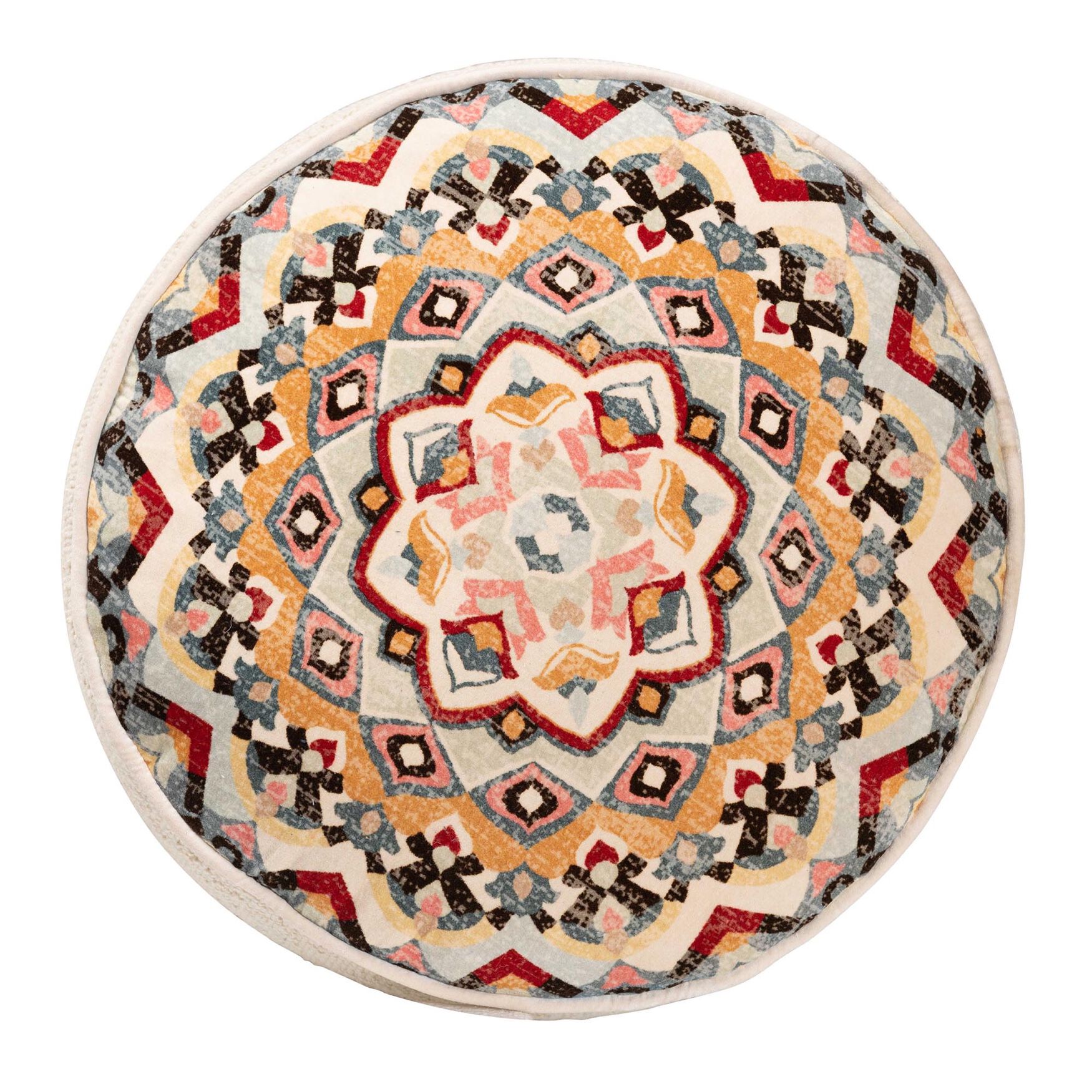 Durrus Vintage Cream And Multicolor Fabric Ottoman Pouf, , on-hover image number 1