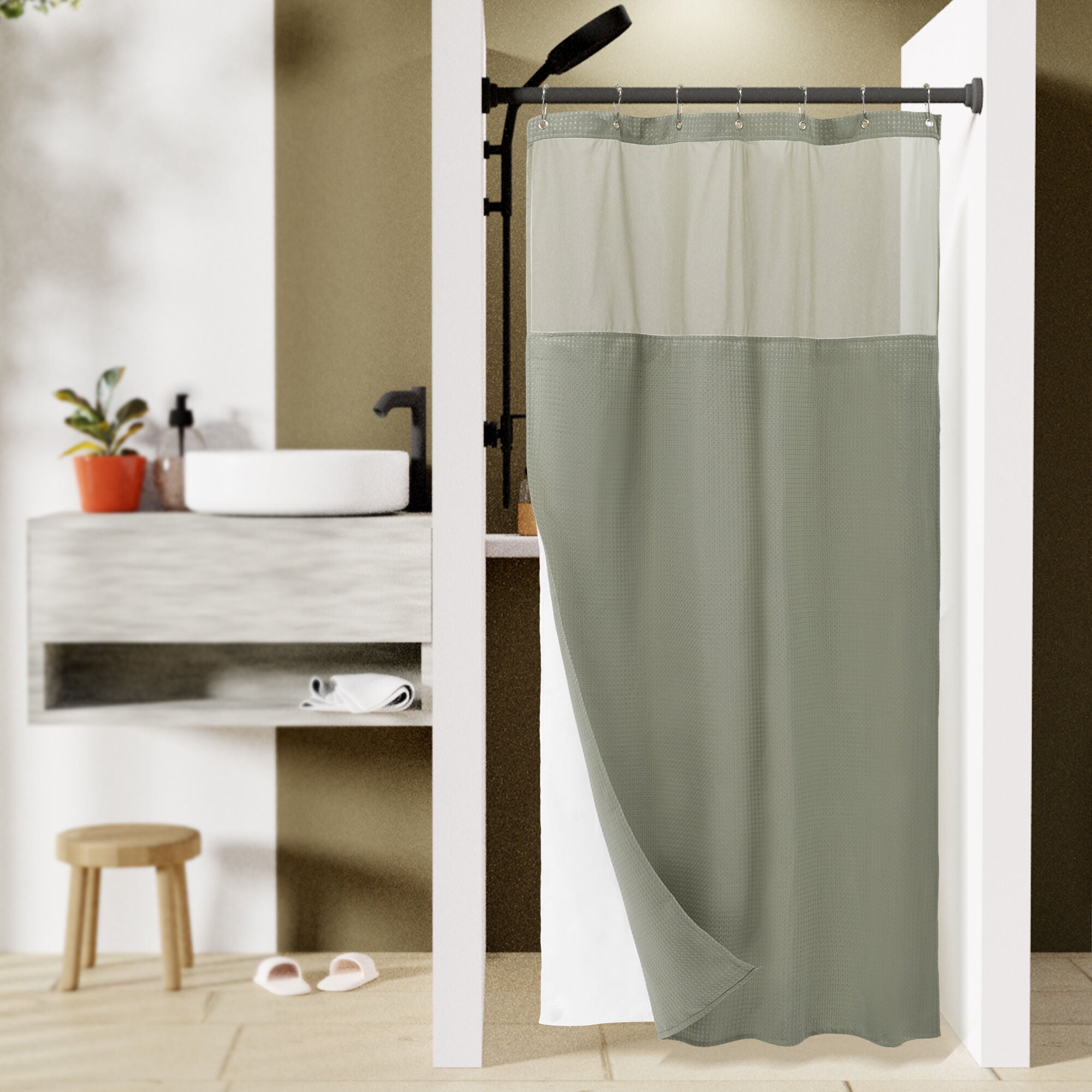 Dobby Waffle Shower Curtain with Snap-in Liner, Hooks included, SAGE, hi-res image number 0