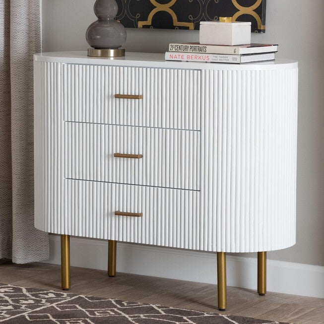 White fluted wood and gold metal 3-drawer mid-century dresser