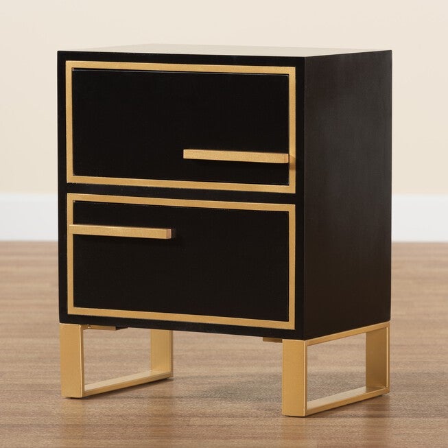 Giolla Contemporary Glam And Luxe Black Finished Wood And Gold Metal 2-Drawer Nightstand, , alternate image number 8