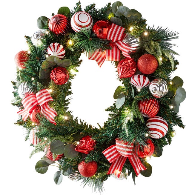 26 inches Pre-Lit Christmas Cheer Wreath, RED WHITE, hi-res image number null