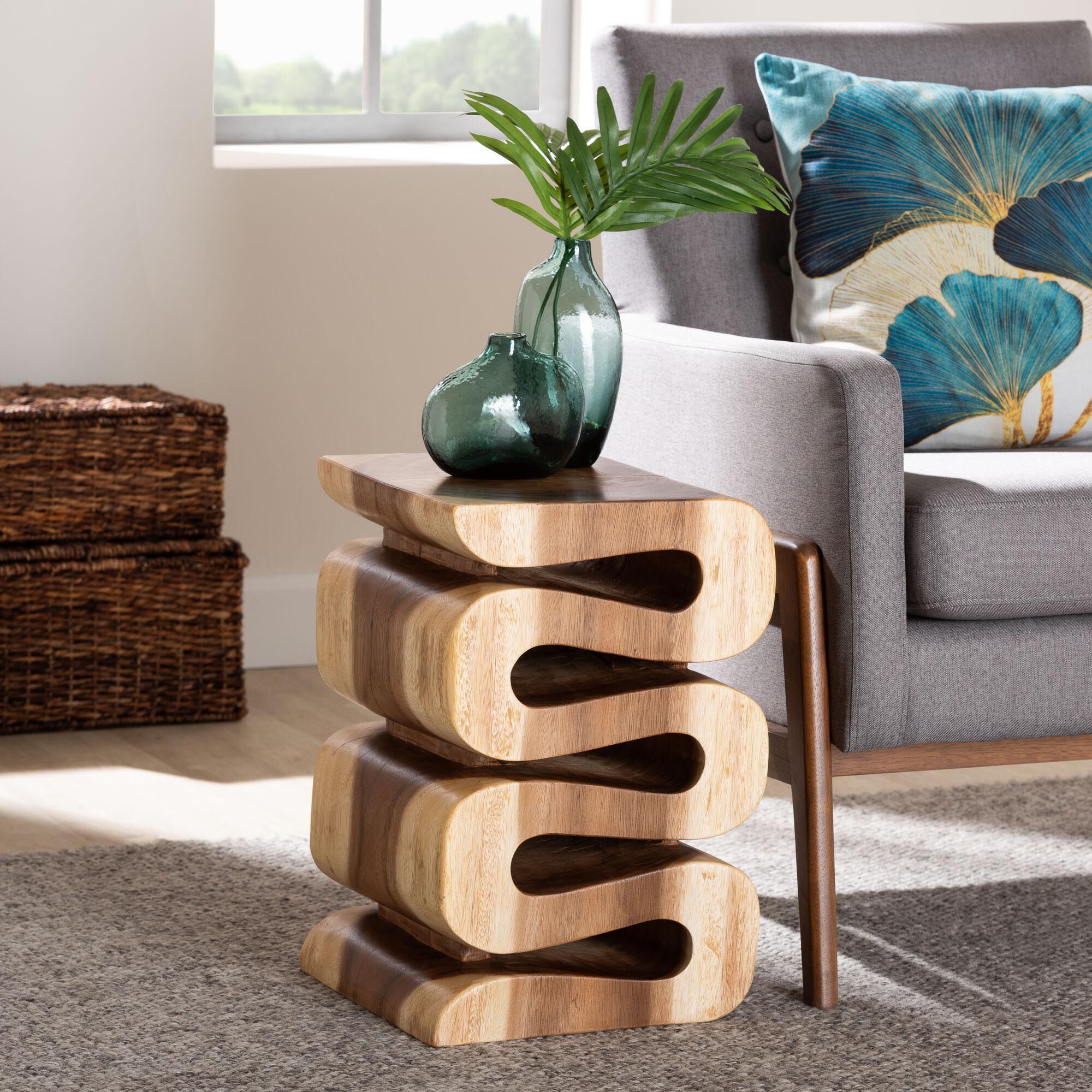 Eliada Hand-carved Suar Wood Side Table, NATURAL BROWN, hi-res image number 0