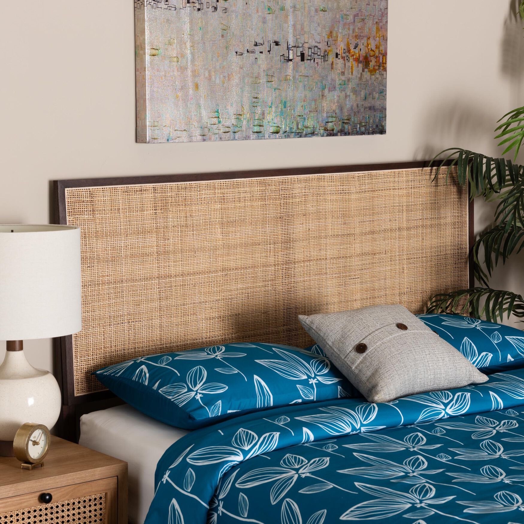 Aurelia Modern Bohemian Black Finished Bayur Wood And Natural Rattan Queen Size Headboard, , alternate image number 4