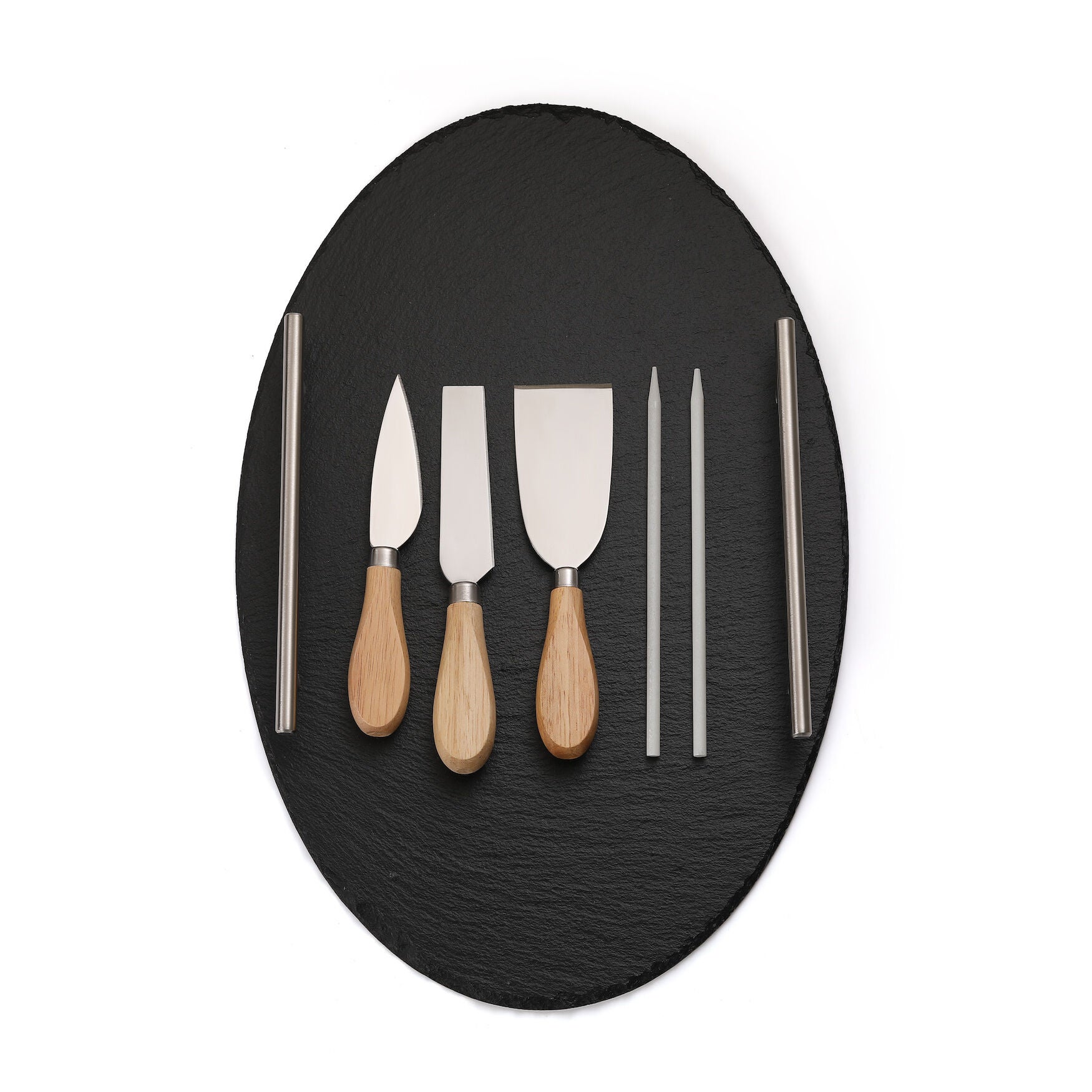 Rounde Slate Stone Serving Tray With Stainless Steel Handkles - Kit, BLACK, hi-res image number 0