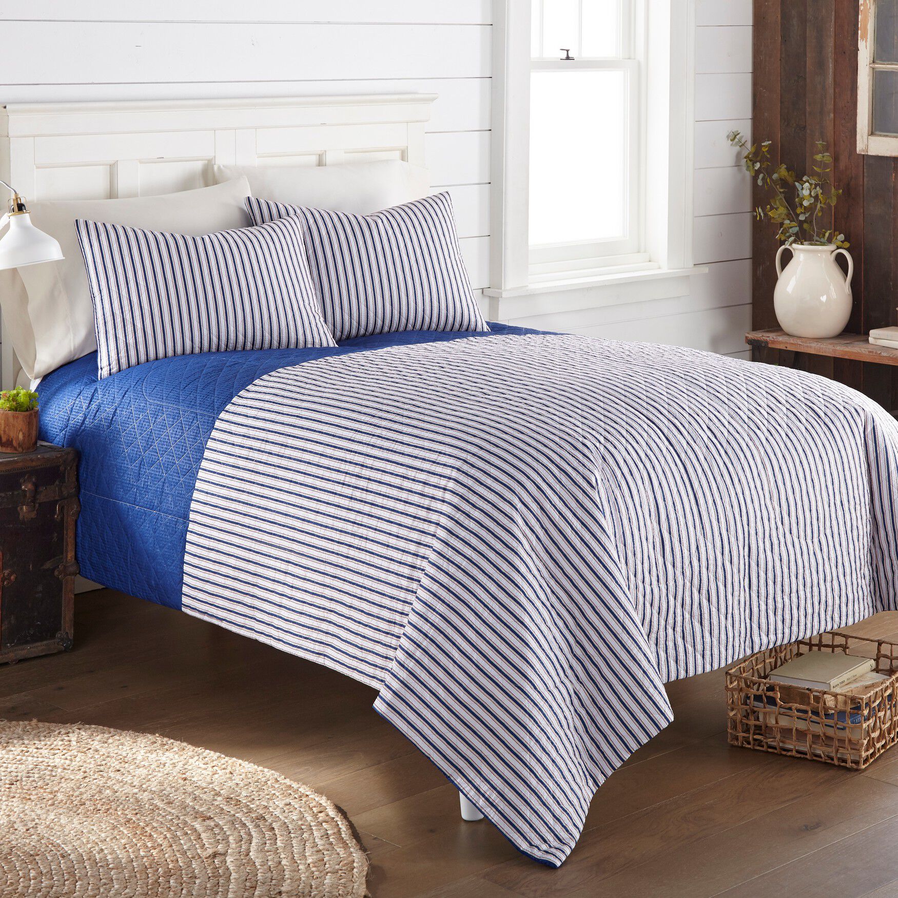 Seersucker Blue/White Stripe Design 6-in-1 Quilt Set, STRIPE, hi-res image number 0
