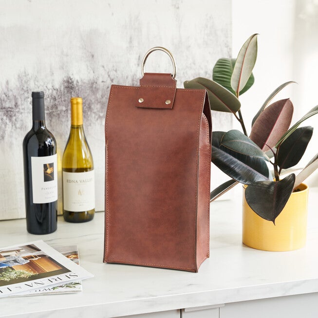 Brown Faux Leather Double-Bottle Wine Tote, , on-hover image number 1