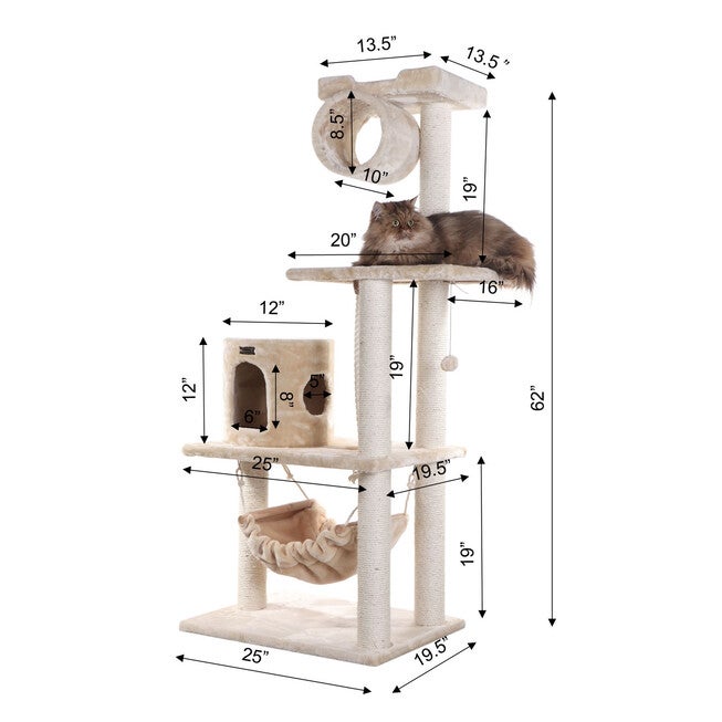 62 inches Real Wood Cat Tree With Scratch Posts, Hammock, , alternate image number null