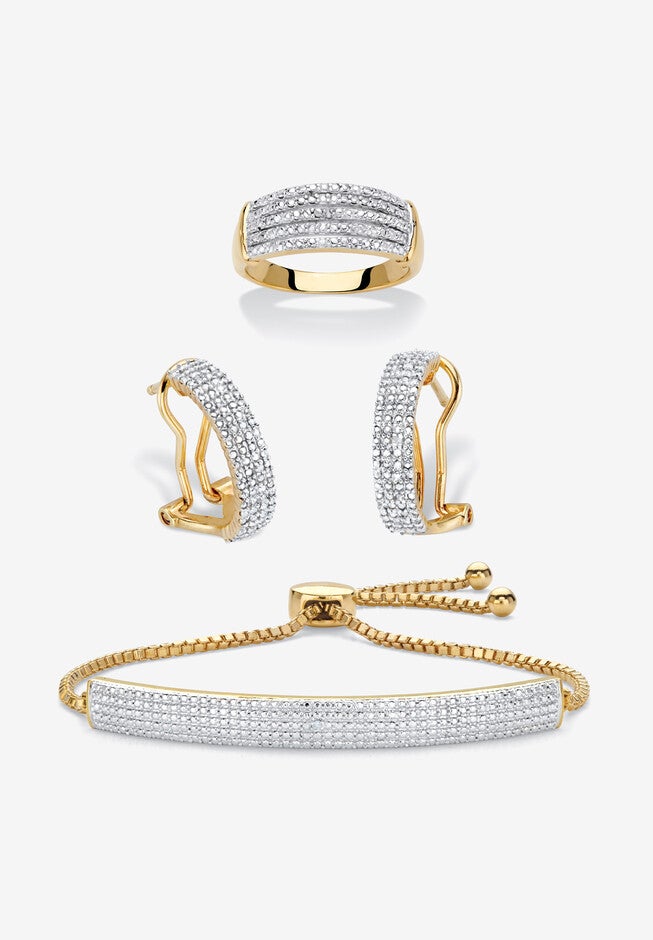 18K Gold-Plated Diamond Accent Demi Hoop Earrings, Ring and Adjustable Bolo Bracelet Set 9 inches, GOLD, hi-res image number null