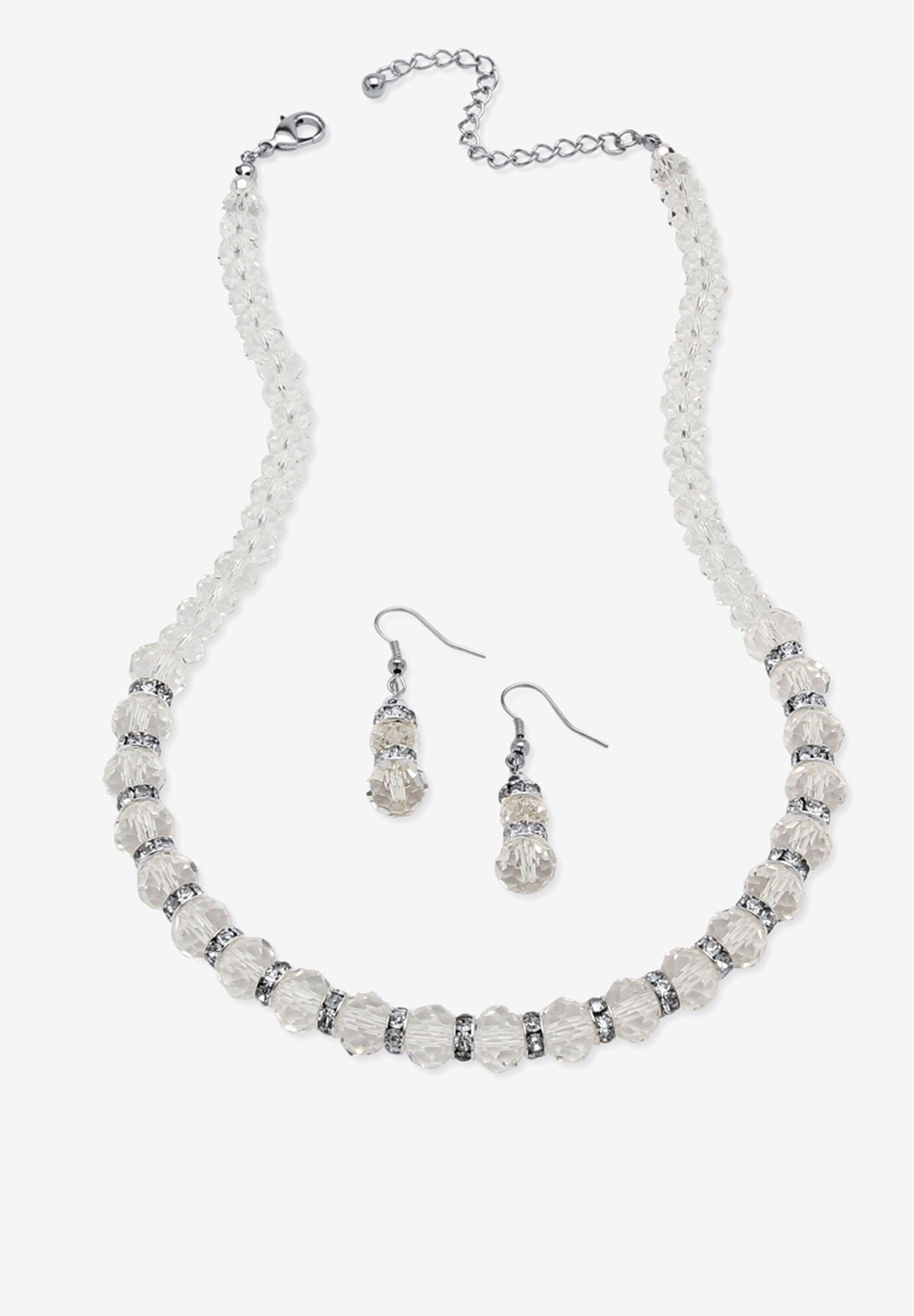 Silver Tone Graduated Necklace & Earring Set Simulated 18 inches plus 2 inches ext, APRIL, hi-res image number 0