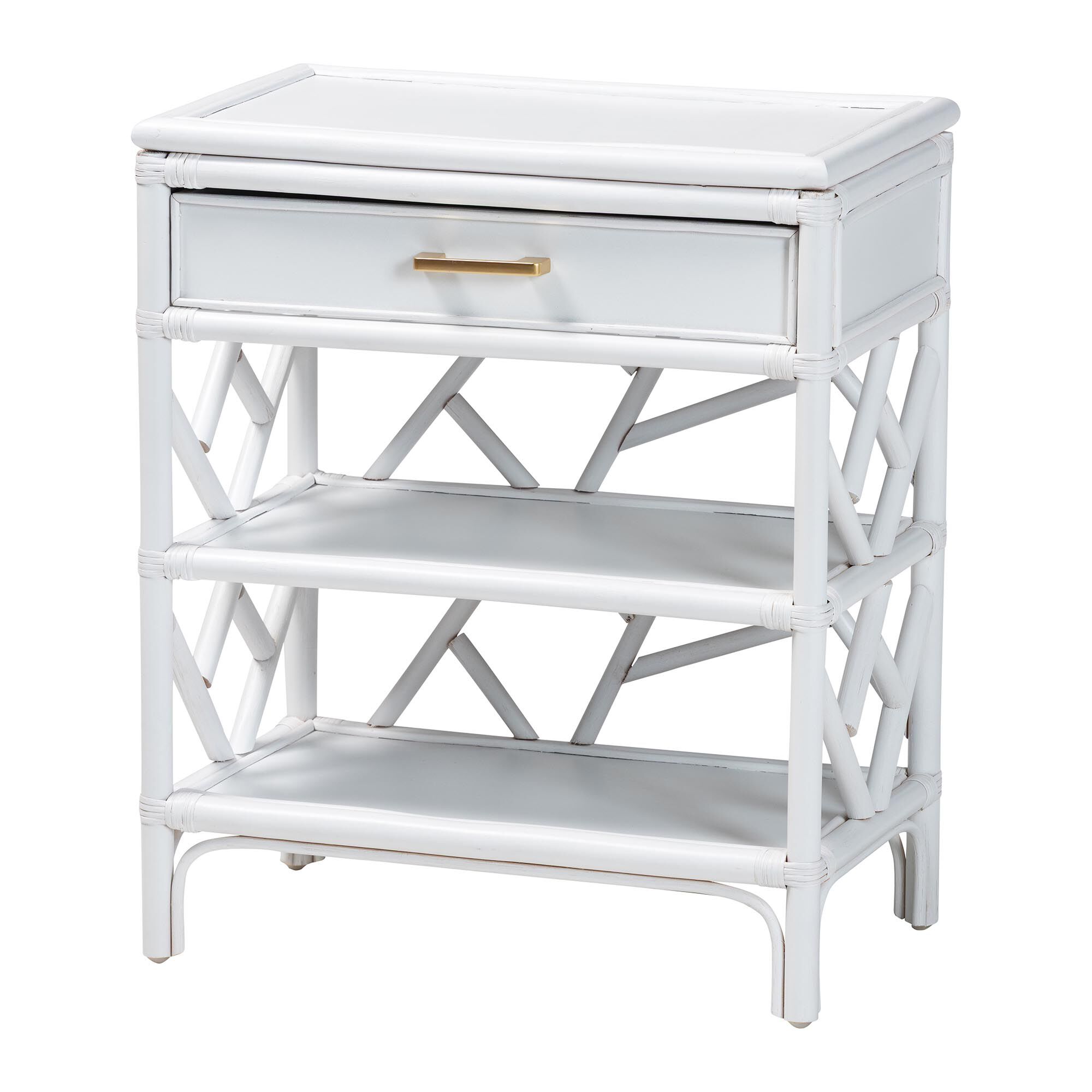 White nightstand with single top drawer and lattice sides