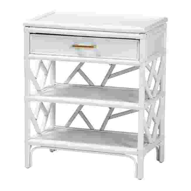 White nightstand with single top drawer and lattice sides