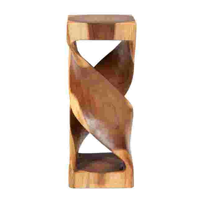 Suar wood accent pedestal table with twist design and open cutouts