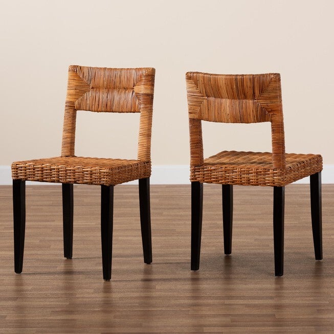 Manrico Modern Bohemian Dark Brown Finished Wood And Natural Rattan 2-Piece Dining Chair Set, , alternate image number null
