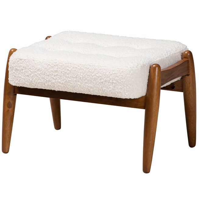 Jeanine Japandi Cream Boucle Fabric And Walnut Brown Finished Rubberwood Ottoman Footstool, CREAM WALNUT BROWN, hi-res image number 0