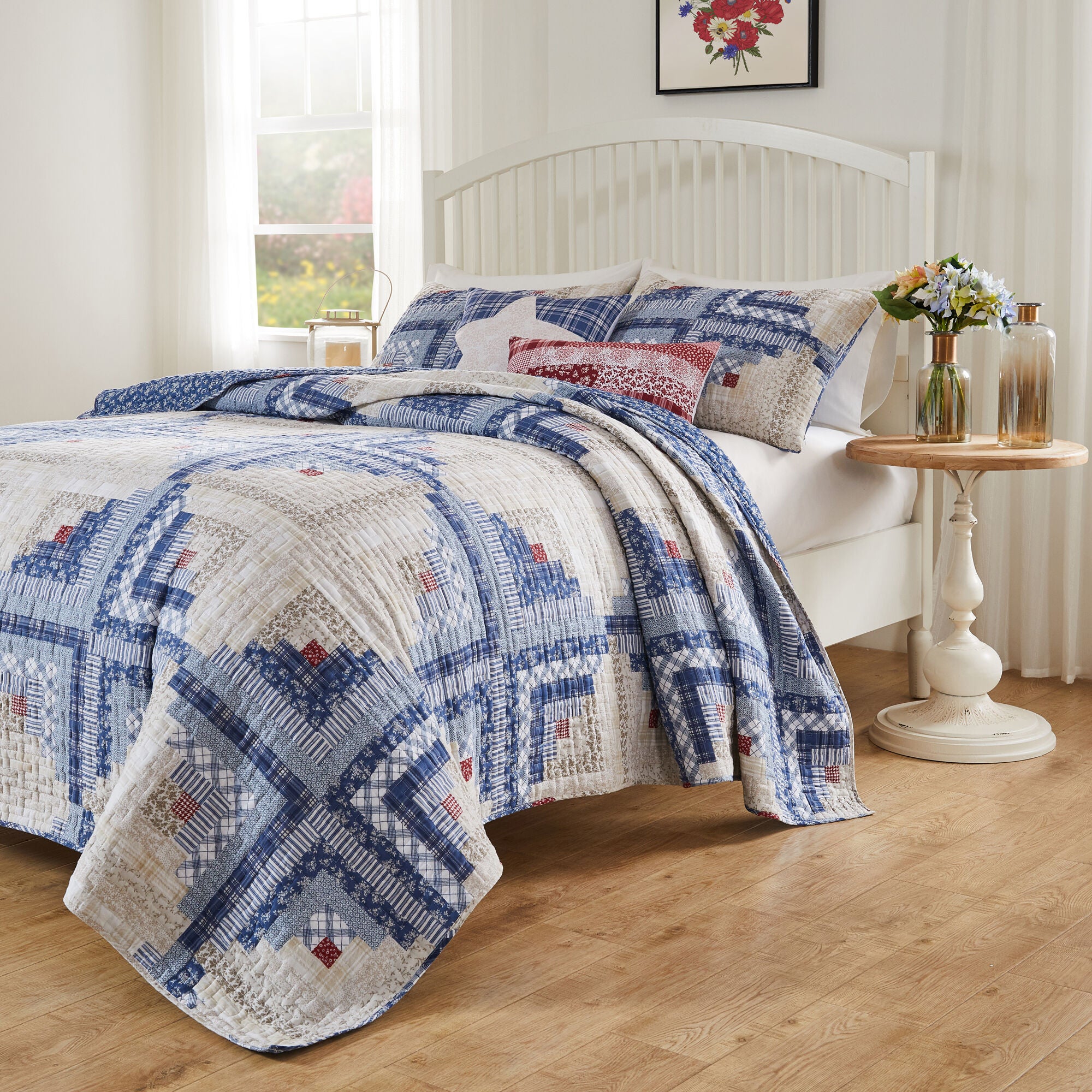 Cottage Cabin Calico Patchwork Print Quilt Set, Calico, 3-Piece King, CALICO, hi-res image number 0
