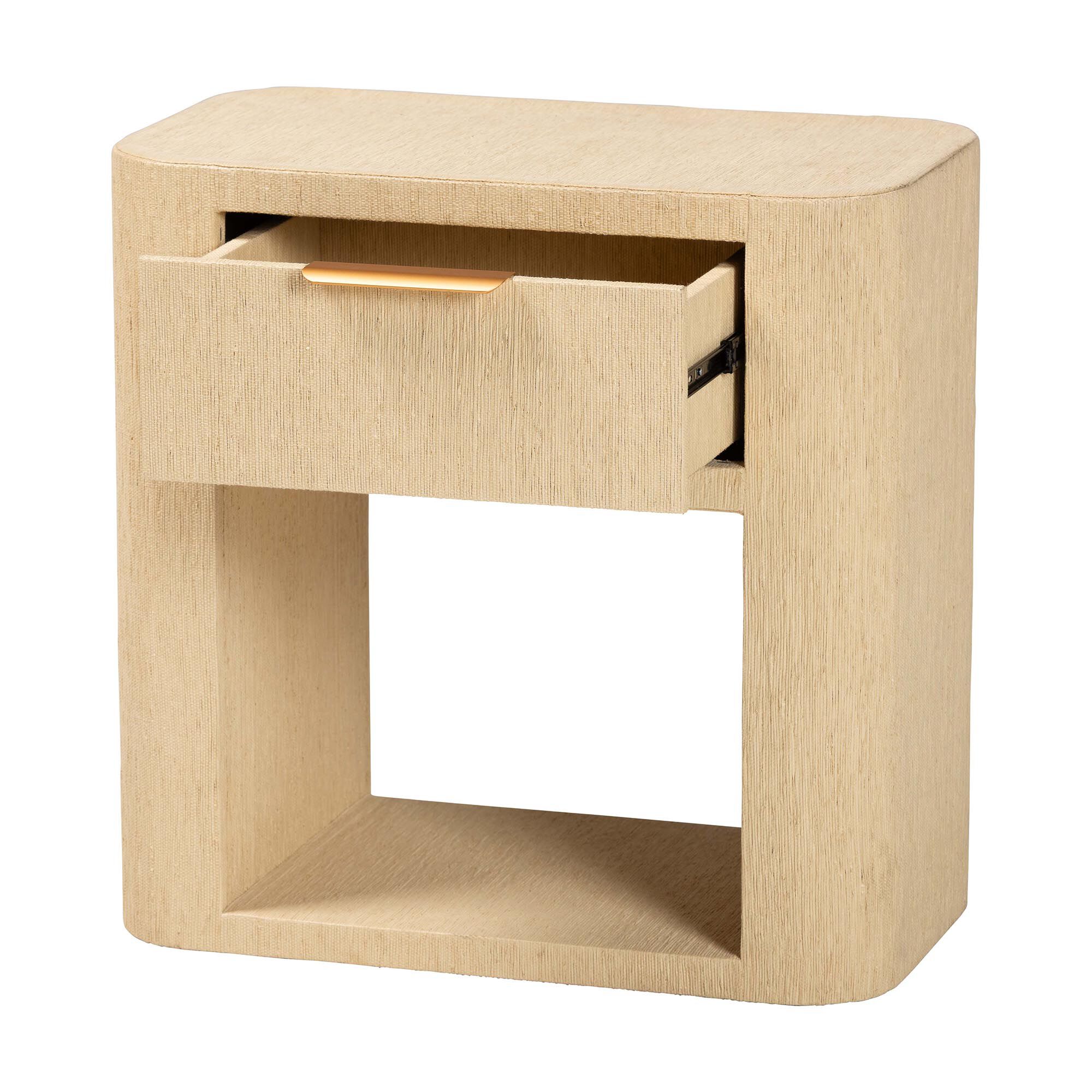 Beauford grasscloth nightstand with drawer and open shelf side view