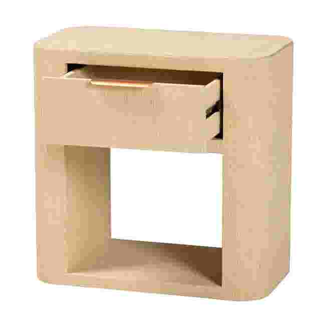 Beauford grasscloth nightstand with drawer and open shelf side view