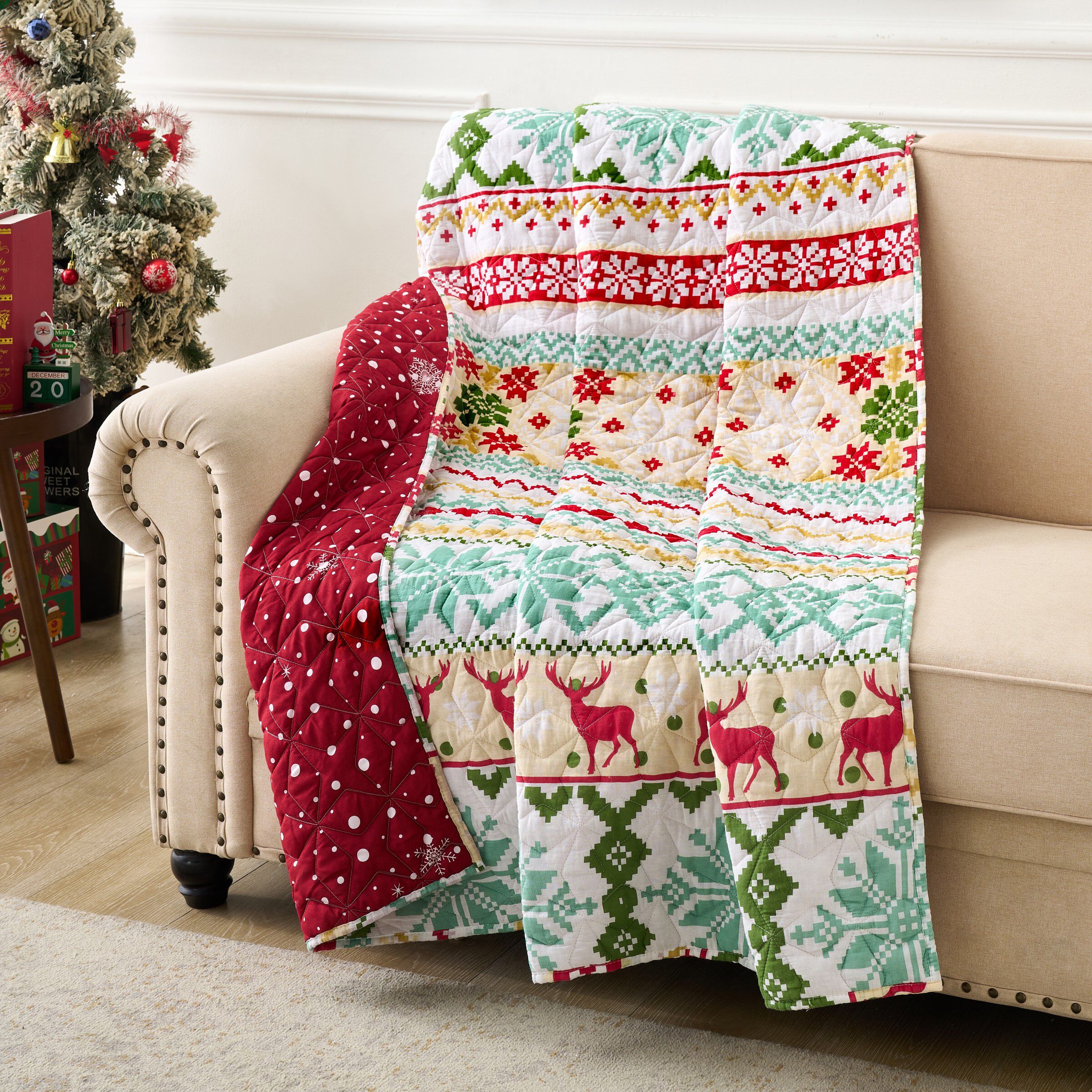 Fair Isle Quilted Throw Blanket, SNOW, hi-res image number 0