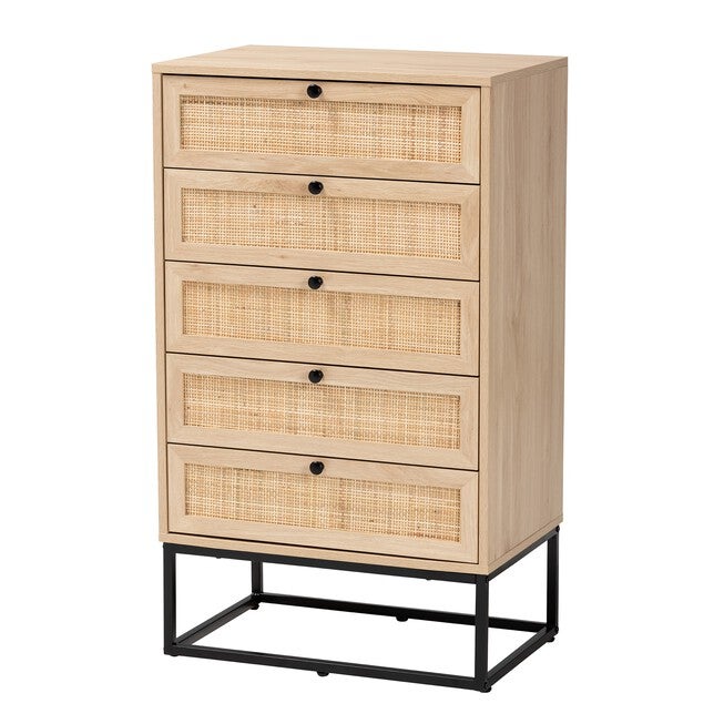 Amelia Mid-Century Modern Transitional Natural Brown Finished Wood And Natural Rattan 5-Drawer Chest, NATURAL BROWN BLACK, hi-res image number 0