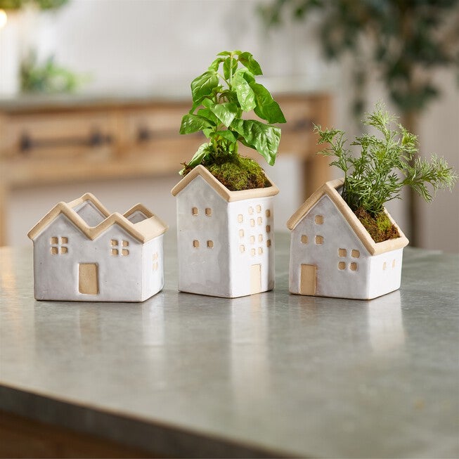 House Planter (Set of 3) 5.5 inchesL x 4.75 inchesH, 4.5 inchesL x 5.5 inchesH, 3.5 inchesL x 6.25 inchesH Porcelain, WHITE/BROWN, alternate image number 1