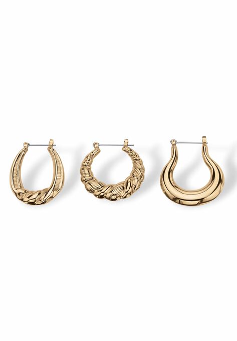 Goldtone Smooth and Textured 3 Piece Set Hoop Earrings (33mm), , on-hover image number null