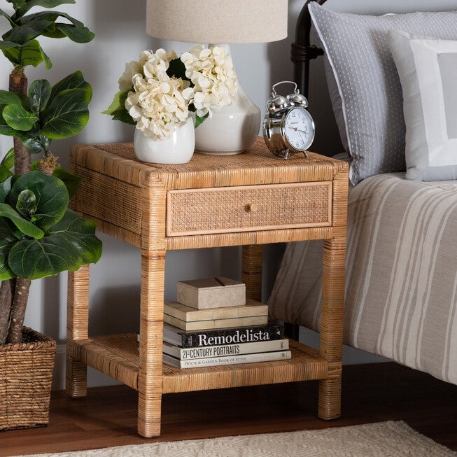 Adelia Modern Bohemian Natural Rattan And Mahogany Wood 1-Drawer Nightstand, , alternate image number null