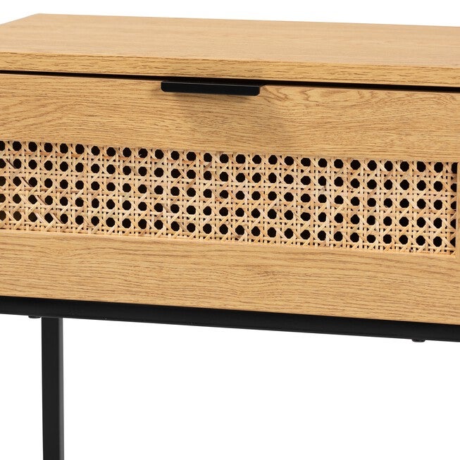 Sawyer Mid-Century Modern Industrial Oak Brown Finished Wood And Black Metal 1-Drawer End Table With Natural Rattan, , alternate image number null
