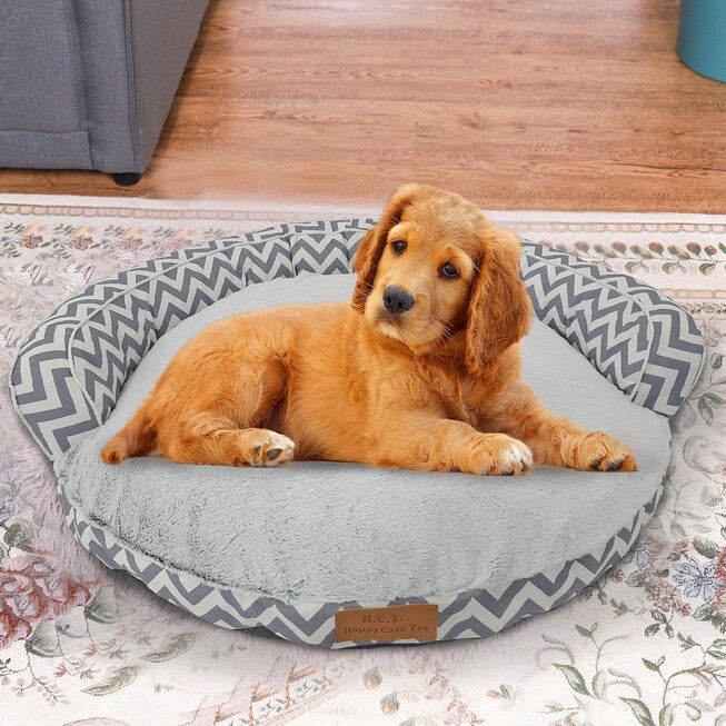 Chevron poly-cotton bolster with detachable faux fur cushion Medium Size, GREY, hi-res image number 0