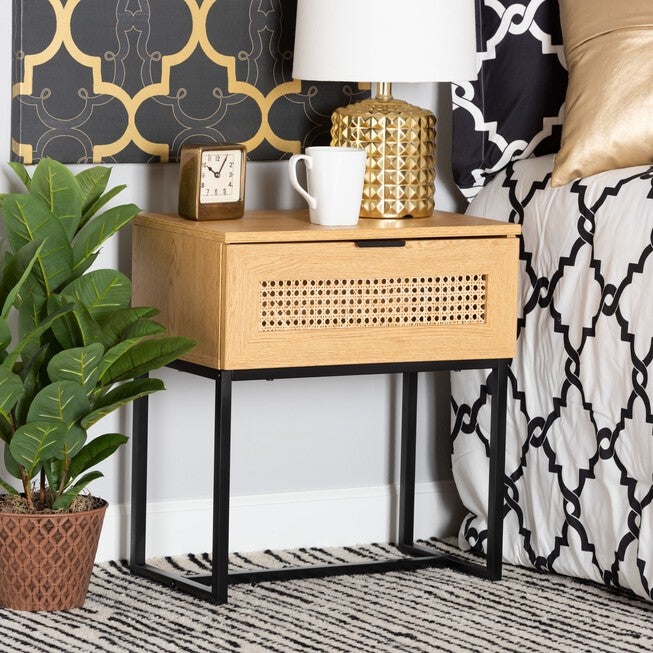 Sawyer Mid-Century Modern Industrial Oak Brown Finished Wood And Black Metal 1-Drawer End Table With Natural Rattan, , alternate image number null