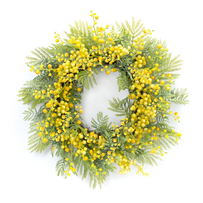 Fern And Mimosa Wreath 27 inchesD, YELLOW, hi-res image number 0