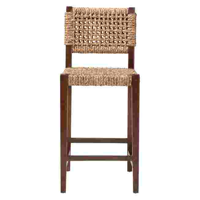 Handwoven seagrass bar stool front view with footrest
