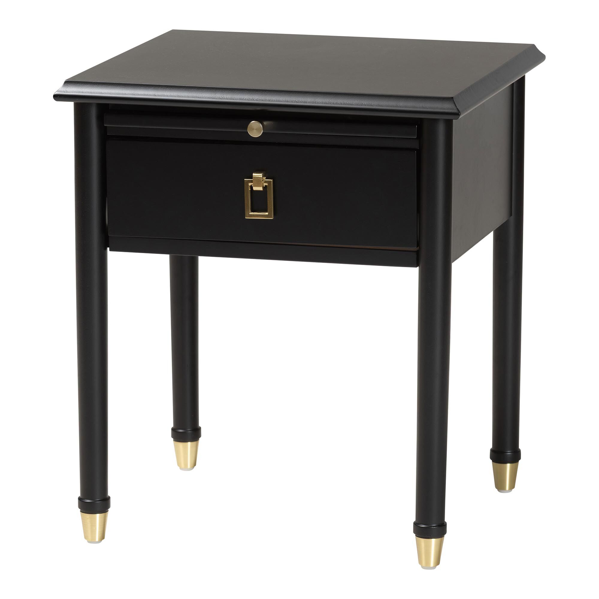 Close-up of black nightstand with metal pulls and gold feet