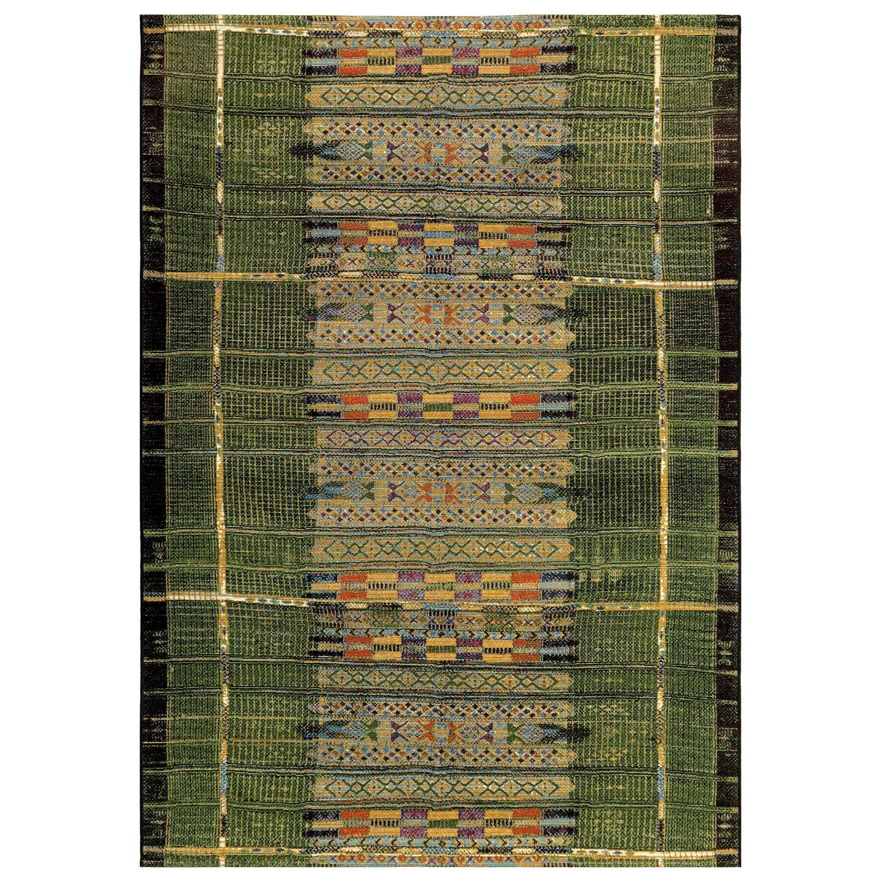 Liora Manne Marina Tribal Stripe Indoor/Outdoor Area Rug Black 8 feet 10 inches x 11 feet 9 inches, GREEN, hi-res image number 0