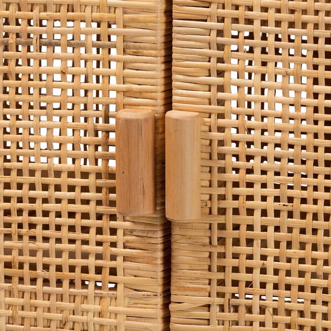 Vivan Modern Bohemian Natural Brown Rattan And Mahogany Wood 3-Shelf Storage Cabinet, , alternate image number null